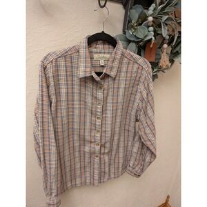Cabelas Womens XL Plaid Flannel Button Down Shirt Blue Orange Tan Long Sleeve
